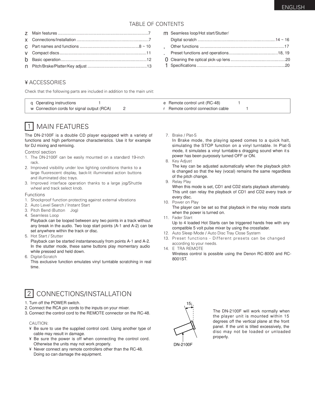 Denon DN-2100F operating instructions Main Features, Connections/Installation 