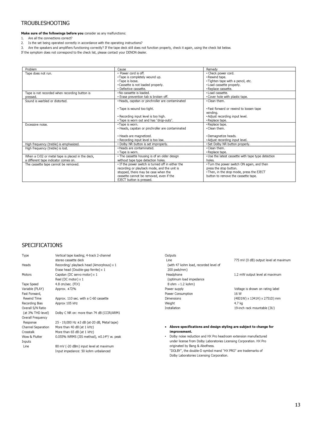 Denon DN-720R operating instructions Troubleshooting, Specifications 