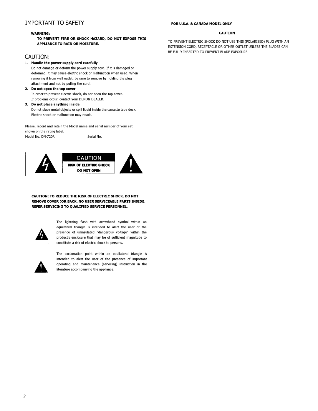 Denon DN-720R operating instructions Important to Safety 