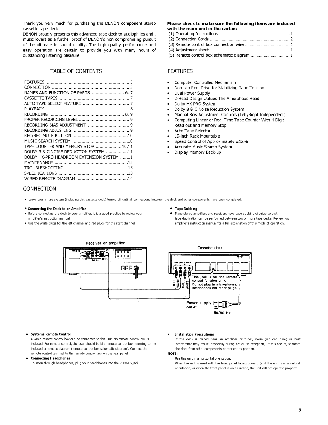 Denon DN-720R operating instructions Table of Contents, Features, Connection 