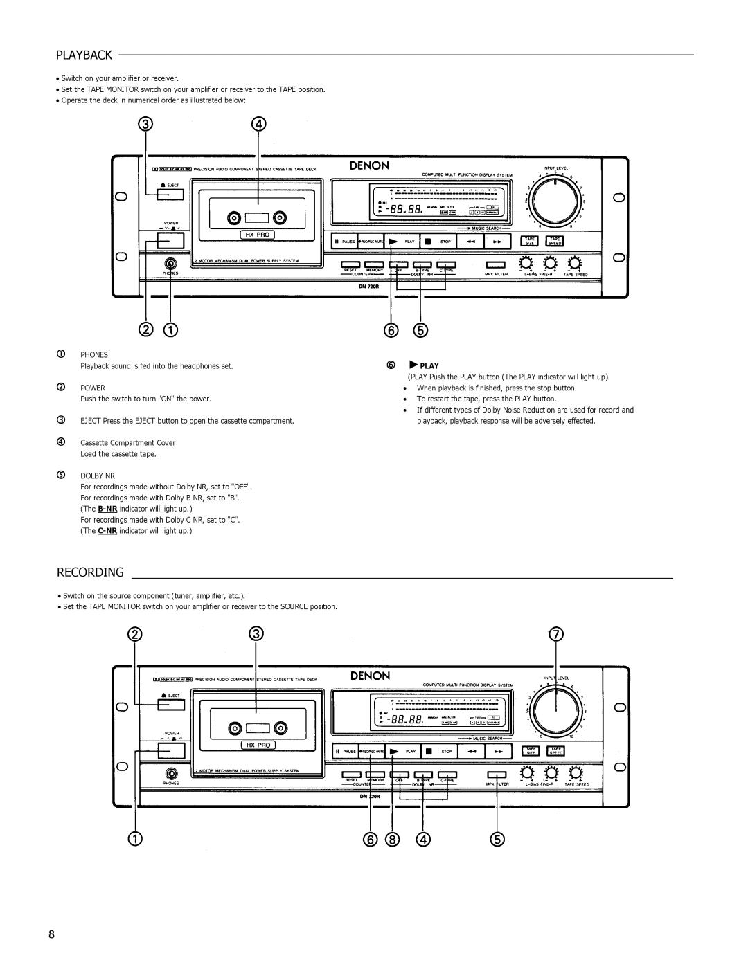 Denon DN-720R operating instructions Playback, Recording, Phones, Power, Dolby NR 