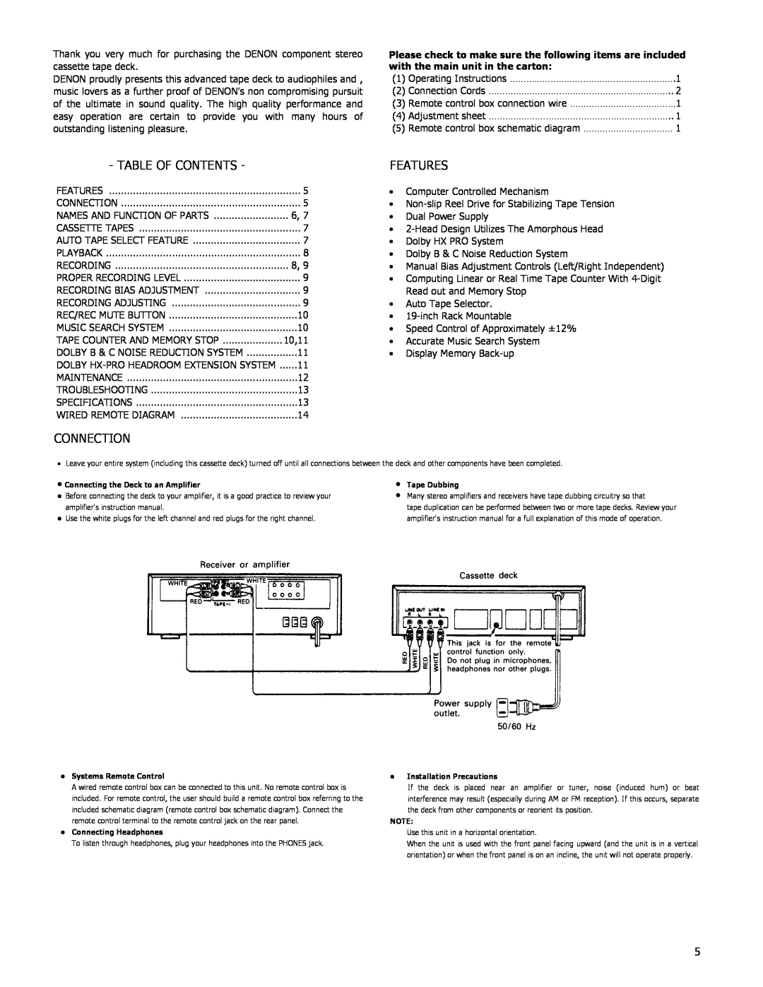 Denon DN-720R operating instructions Table Of Contents, Features, Connection 