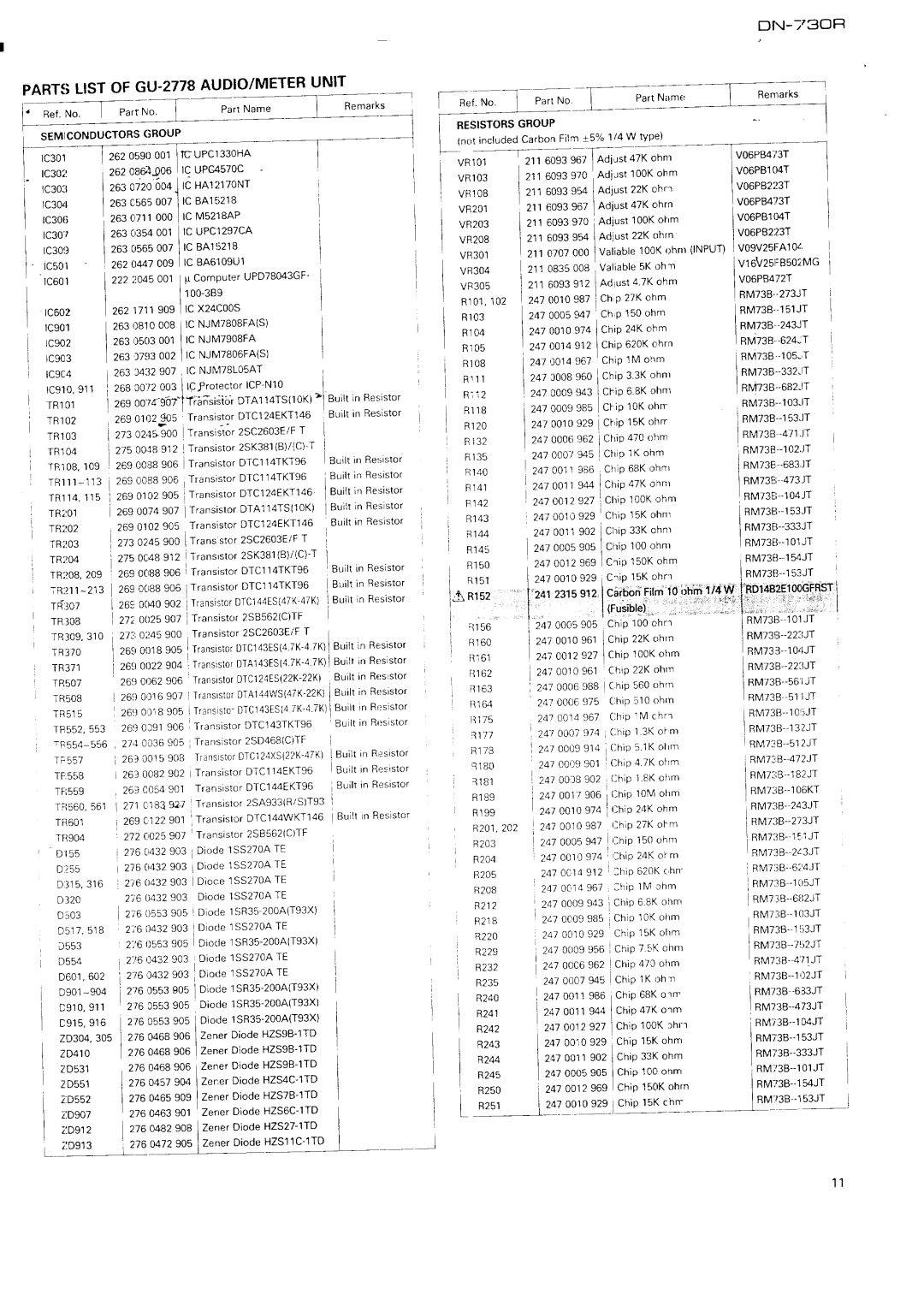 Denon DN-730R specifications Parts List of GU-2778 AUDIO/METER Unit, 262 