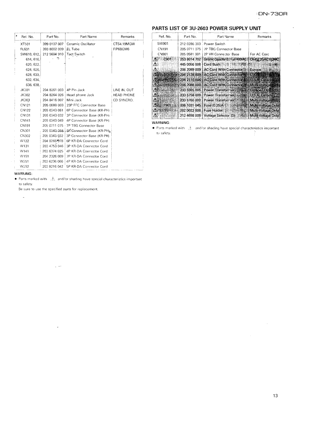 Denon DN-730R specifications Parts List of 3U-2603 Power Supply Unii 