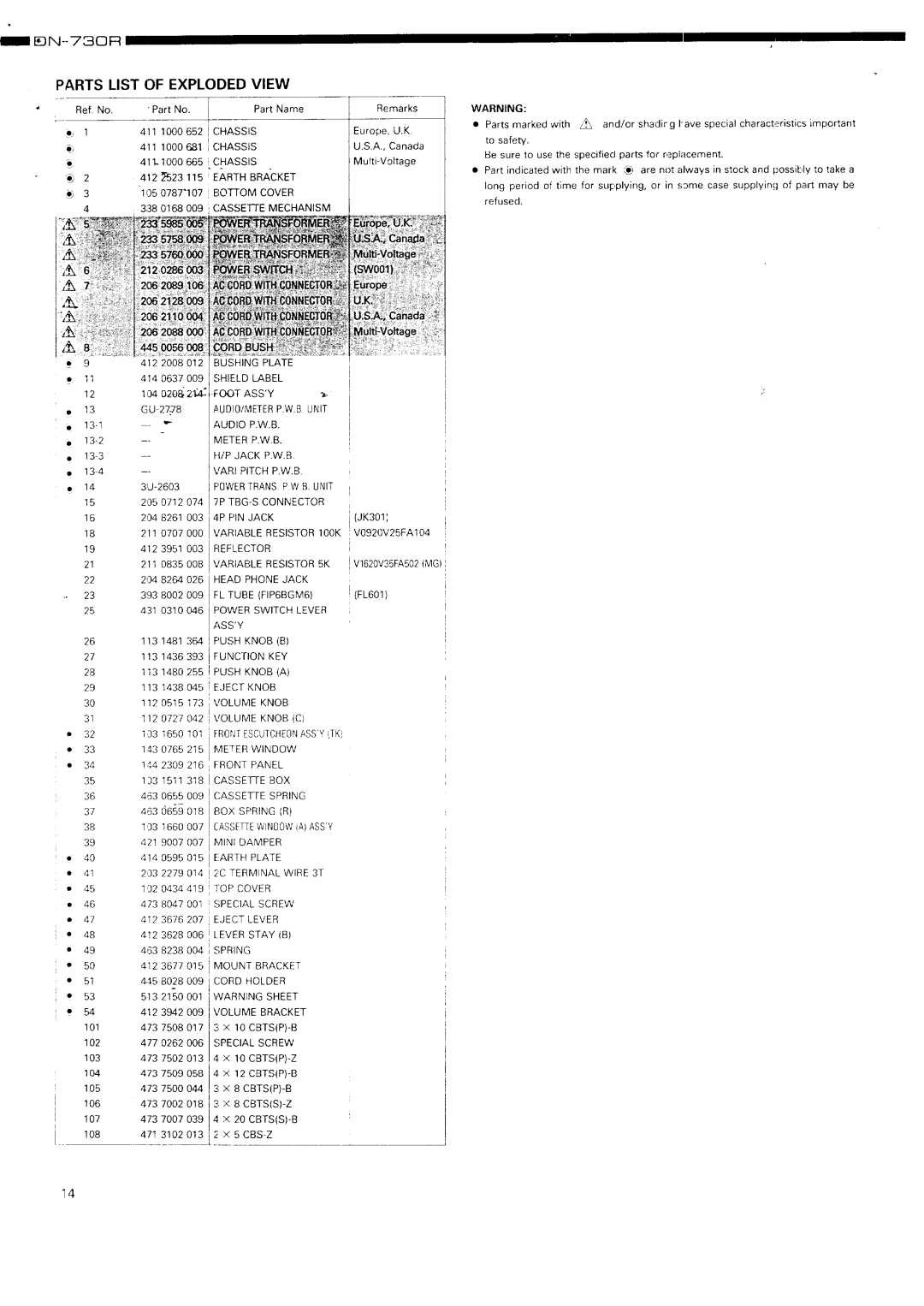 Denon DN-730R specifications Parts List of Exploded View 