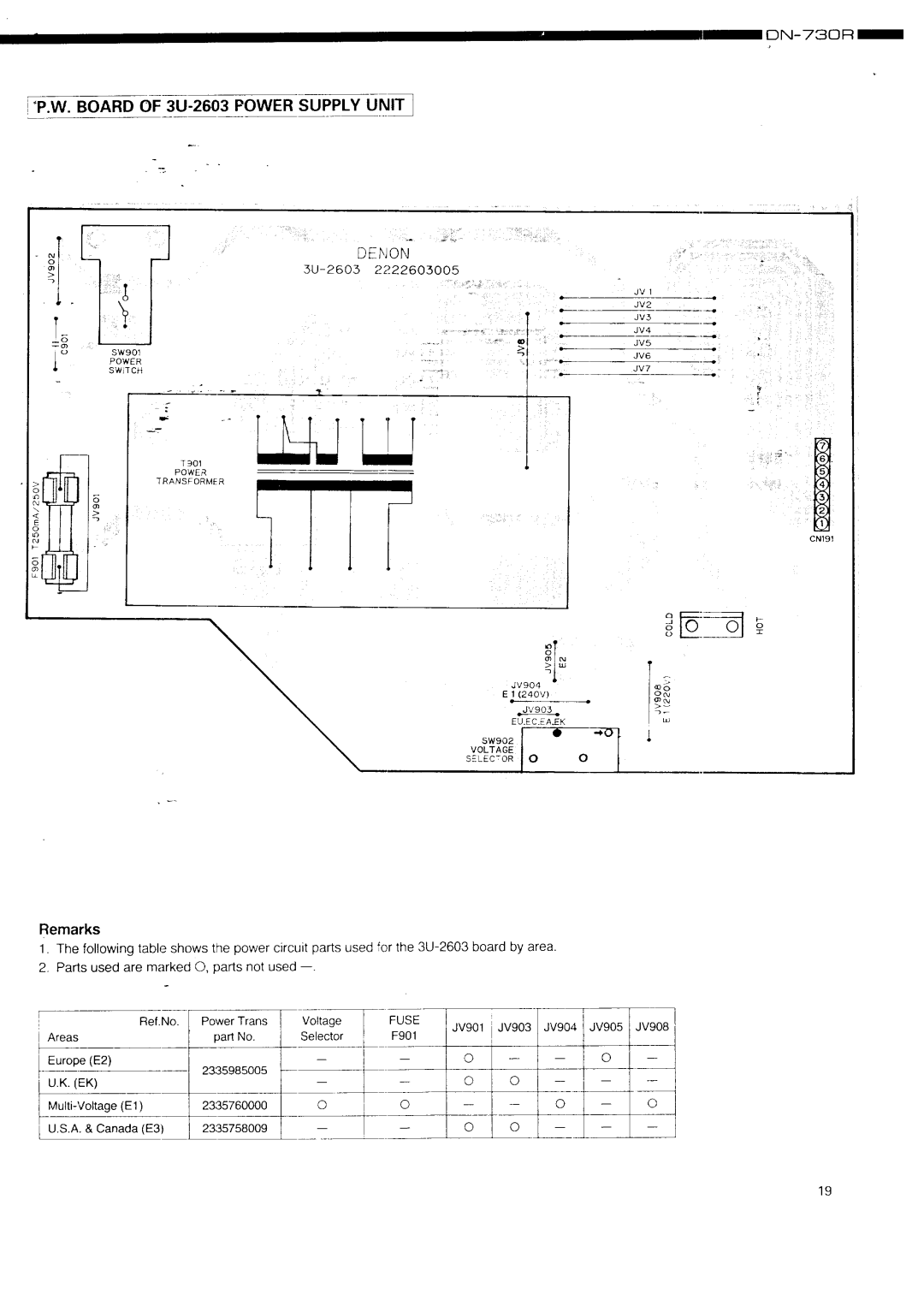 Denon DN-730R specifications ON-73ORH, W. Board of 3U-2603 Power Supply Unit 