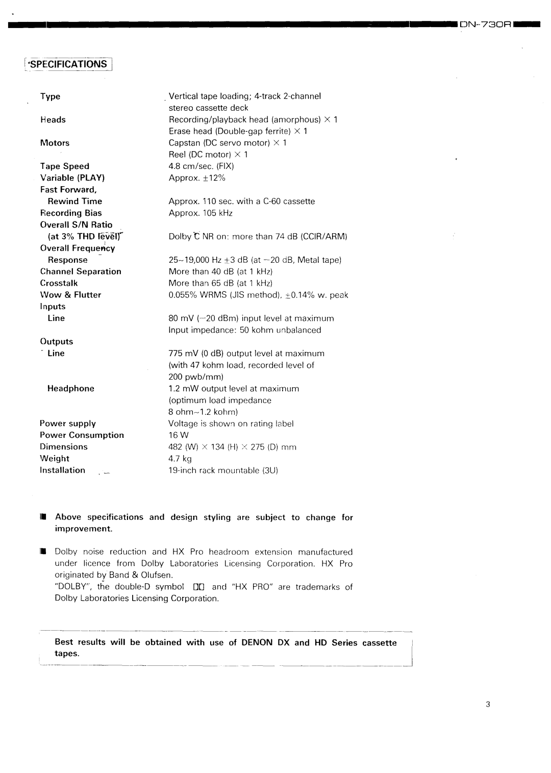 Denon DN-730R specifications Specifications 