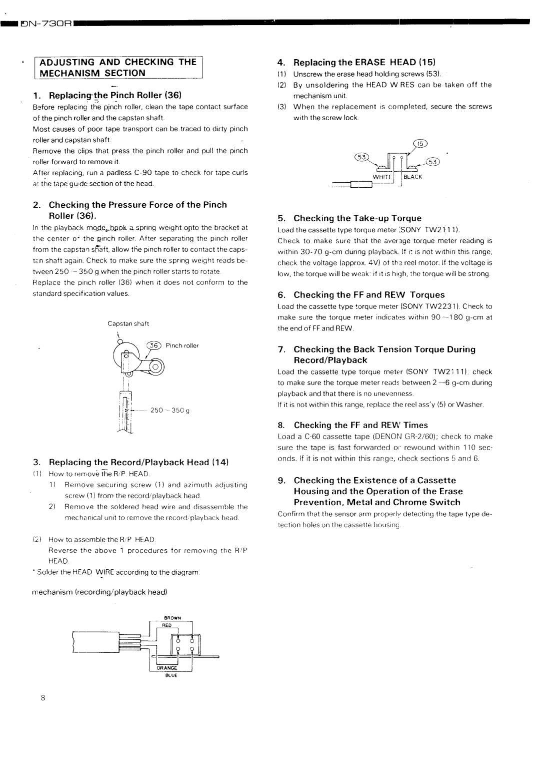 Denon DN-730R specifications Adjustingmechanism Andsectionchecking, ReplacincTthe Pinch Roller, Replacing the Erase Hiad 