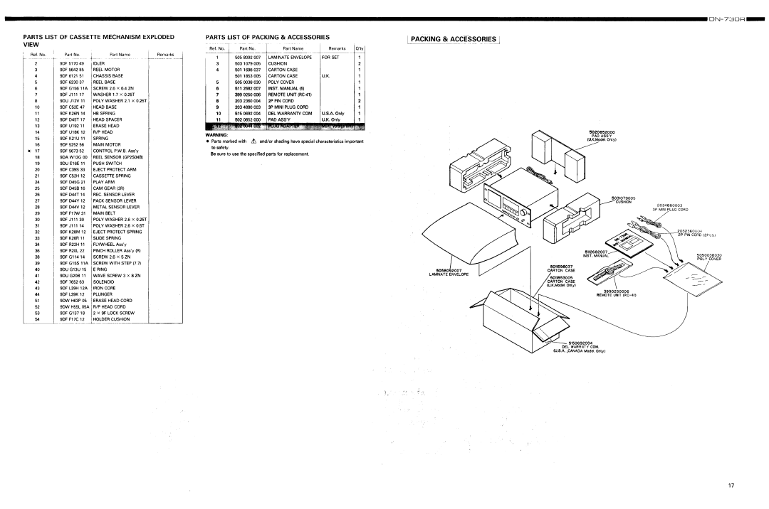 Denon DN-730R Parts List Of Cassei-E Mechanism Exploded View, Parts List Of Packing & Accessories, Laminate Envelope 
