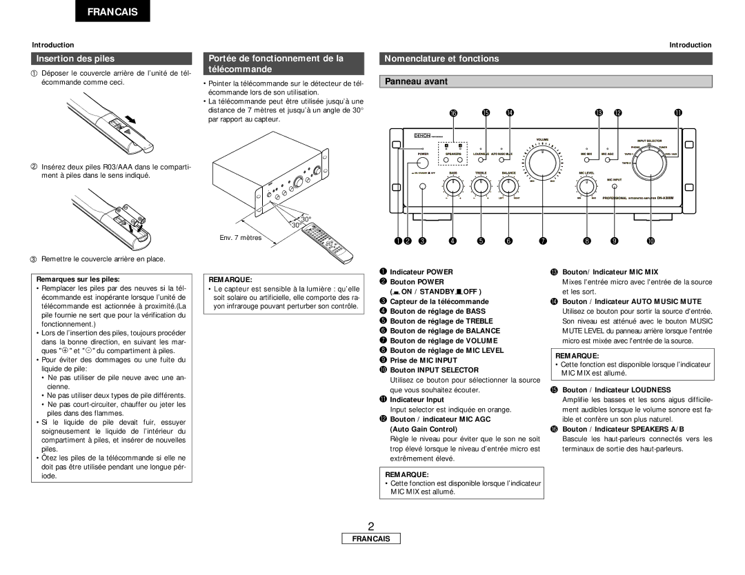 Denon DN-A300M Insertion des piles, Portée de fonctionnement de la télécommande, Nomenclature et fonctions, Panneau avant 