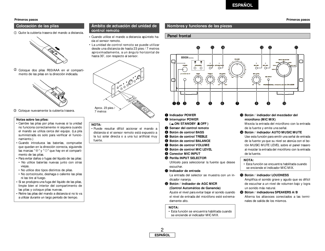 Denon DN-A300M Colocación de las pilas, Ámbito de actuación del unidad de control remoto, Panel frontal 