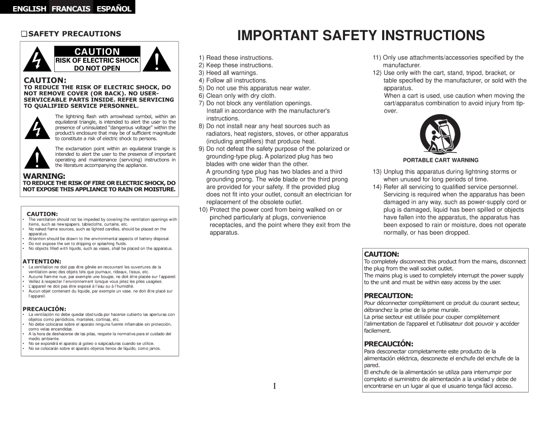 Denon DN-A300M operating instructions Important Safety Instructions 