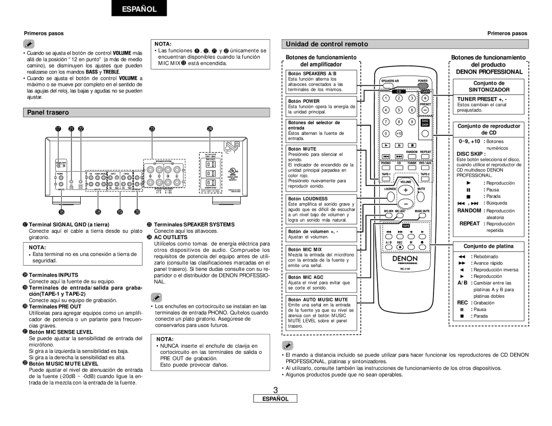 Denon DN-A300M operating instructions Unidad de control remoto, Panel trasero 