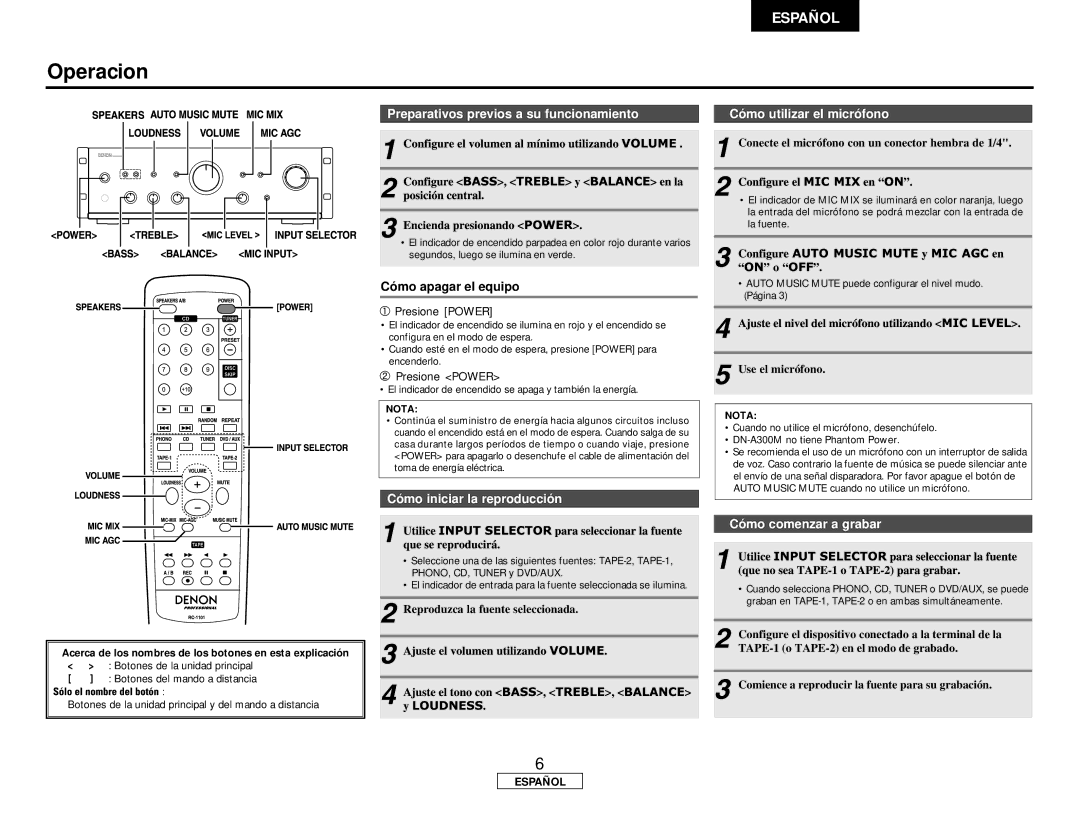 Denon DN-A300M operating instructions Operacion, Acerca de los nombres de los botones en esta explicación 