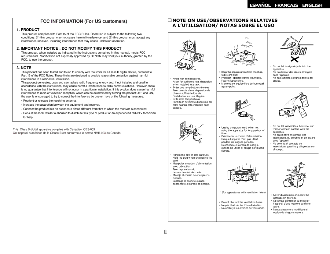 Denon DN-A300M operating instructions FCC Information For US customers 