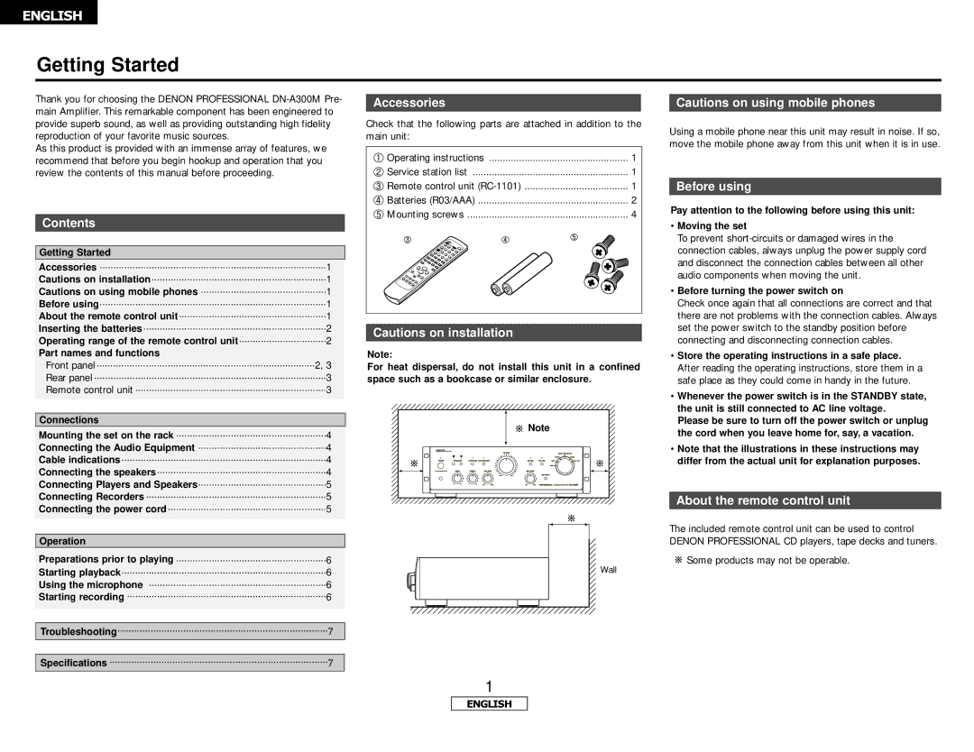 Denon DN-A300M operating instructions Contents, Accessories, Before using, About the remote control unit 