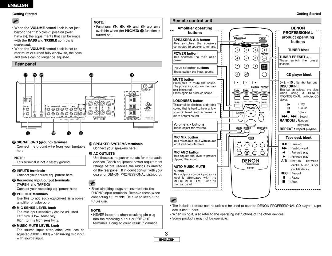 Denon DN-A300M Getting StartedGetting Started, Speakers A/B button, Tuner block, Power button, Input selector buttons 