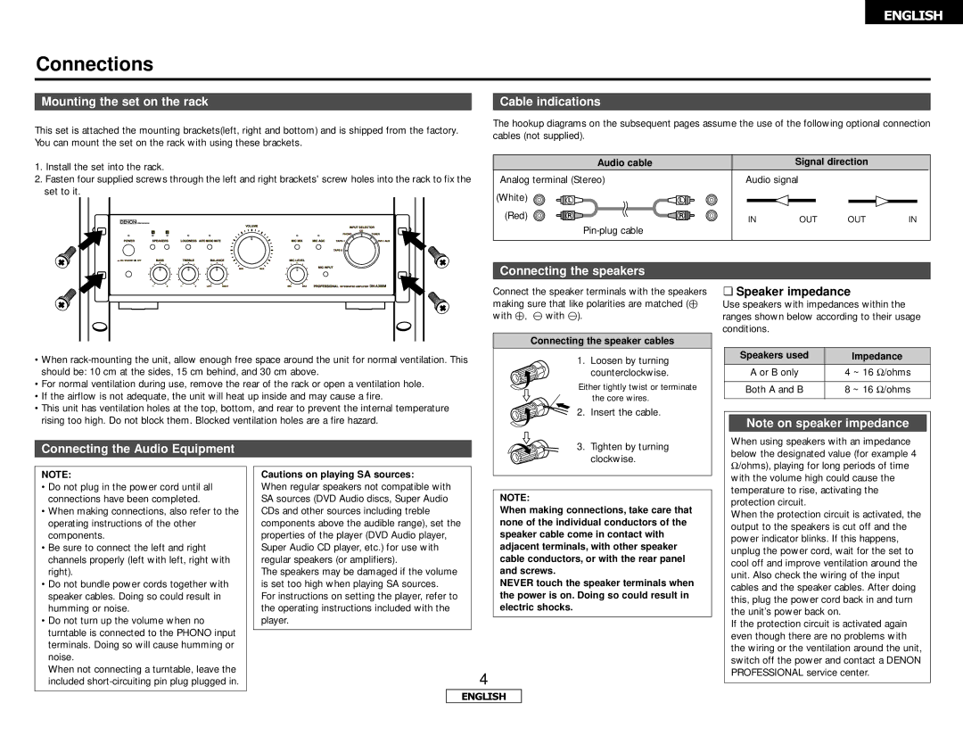 Denon DN-A300M Mounting the set on the rack Cable indications, Connecting the speakers, Connecting the Audio Equipment 