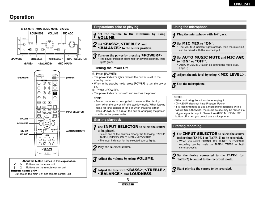 Denon DN-A300M Preparations prior to playing, Starting playback, Using the microphone, Starting recording 