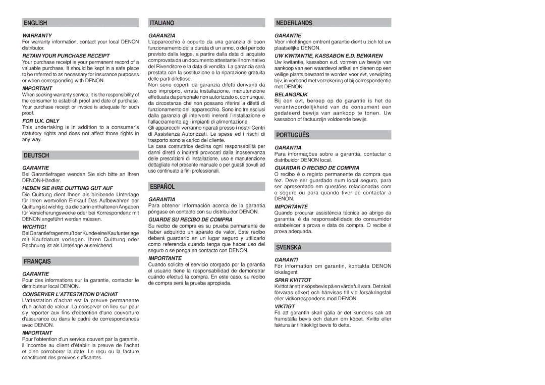 Denon DN-A7100 manual English, Deutsch, Français, Italiano, Español, Nederlands, Português, Svenska 