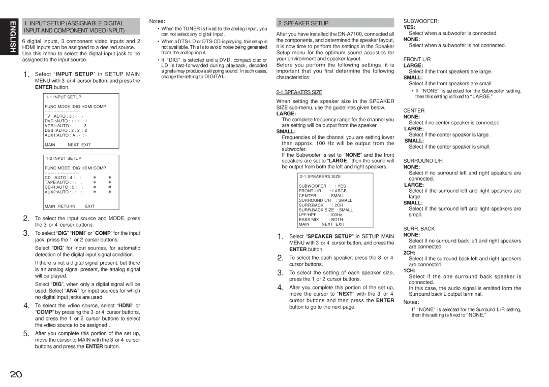 Denon DN-A7100 manual Speaker Setup, Speakers Size 