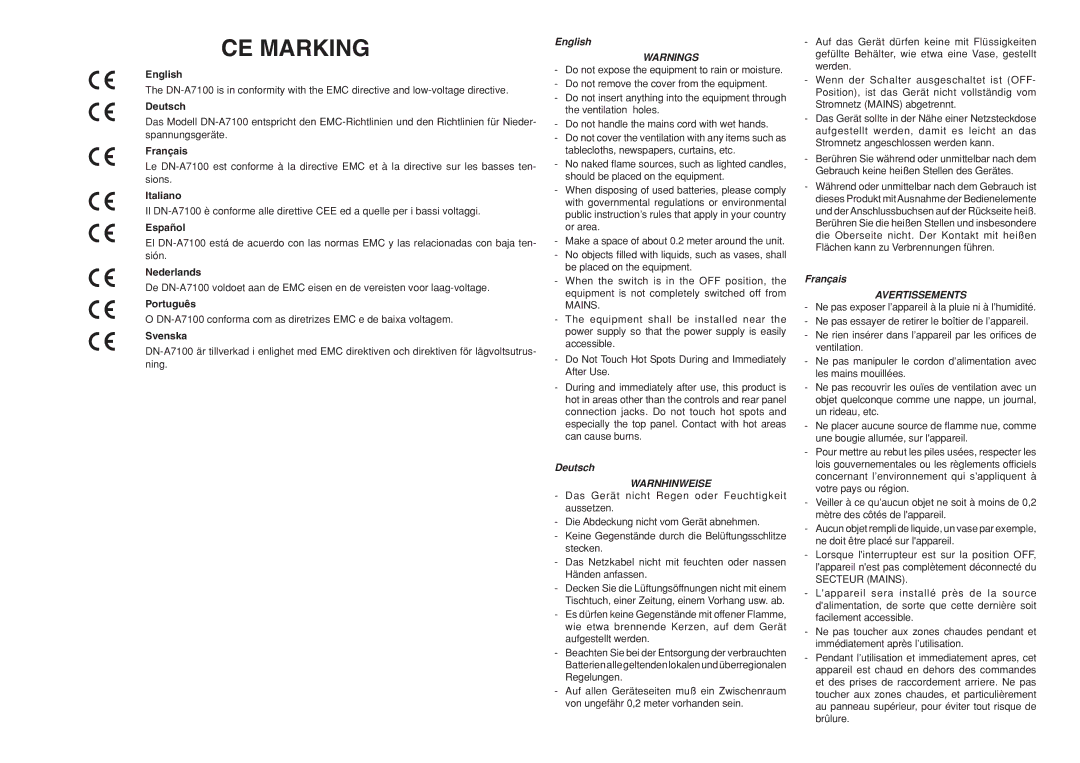 Denon DN-A7100 manual English, Deutsch, Warnhinweise, Français, Avertissements 