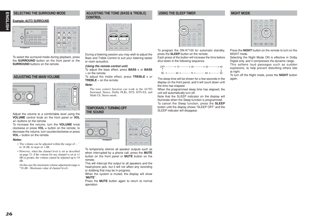 Denon DN-A7100 manual Selecting the Surround Mode, Adjusting the Tone Bass & Treble Using the Sleep Timer, Control 