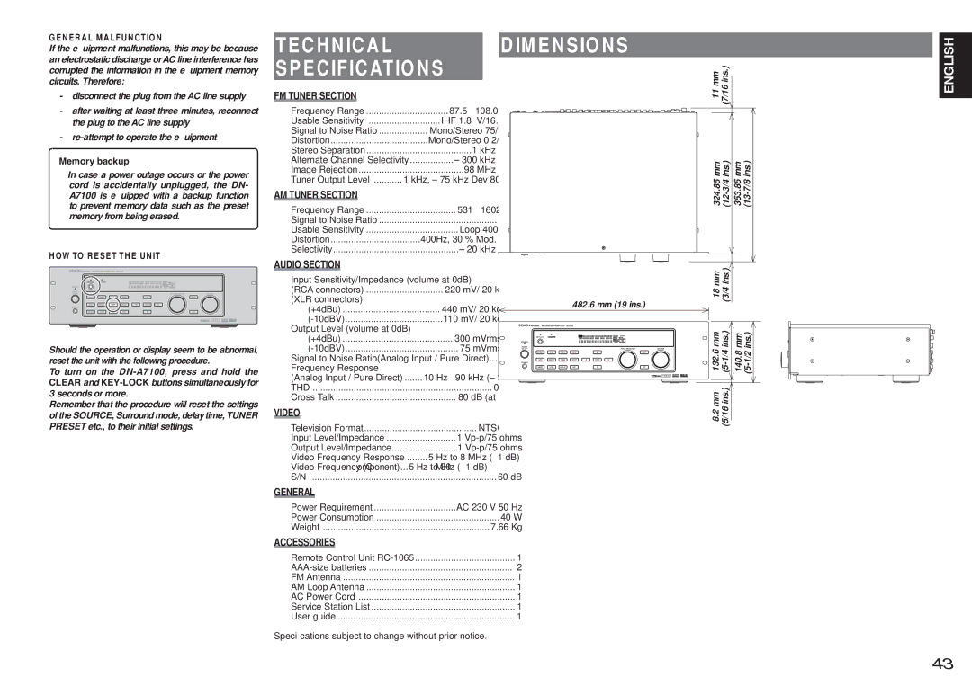 Denon DN-A7100 manual Technical Specifications, Dimensions 