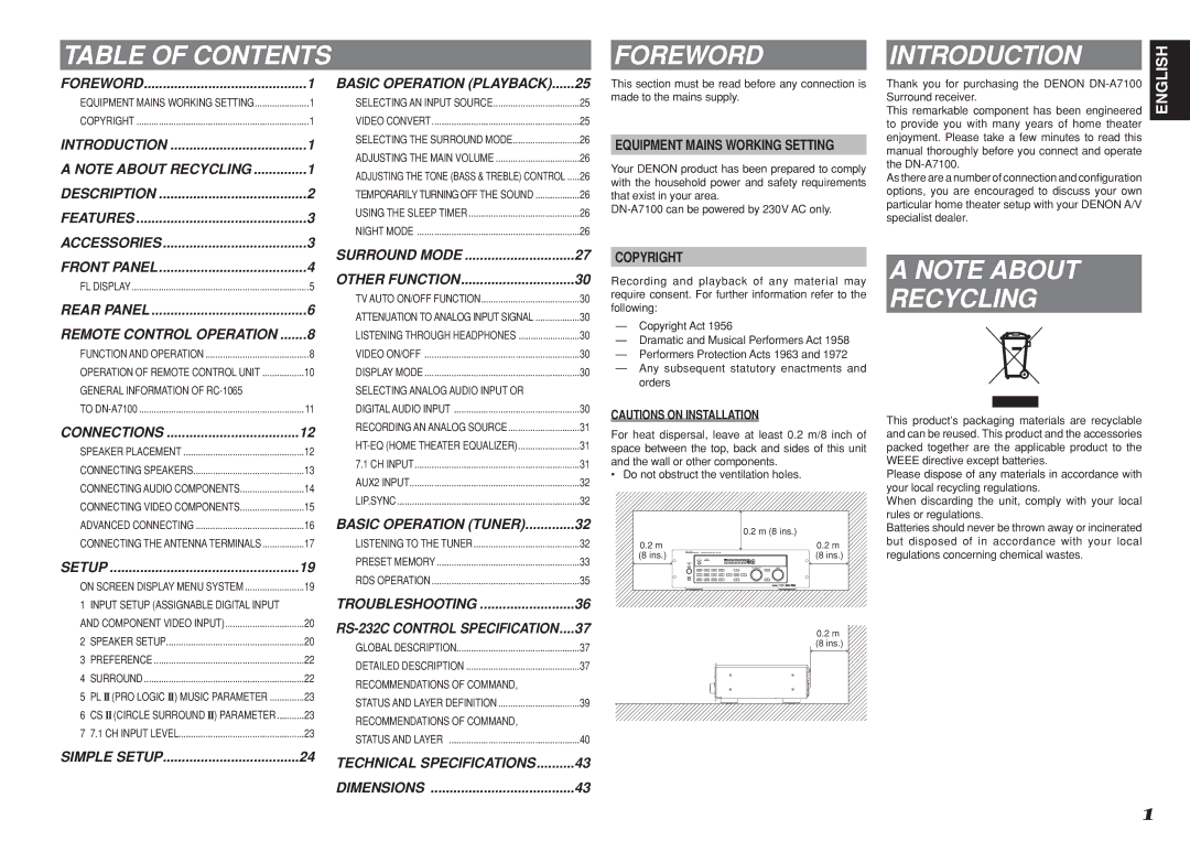 Denon DN-A7100 manual Table of Contents Foreword Introduction, Recycling 