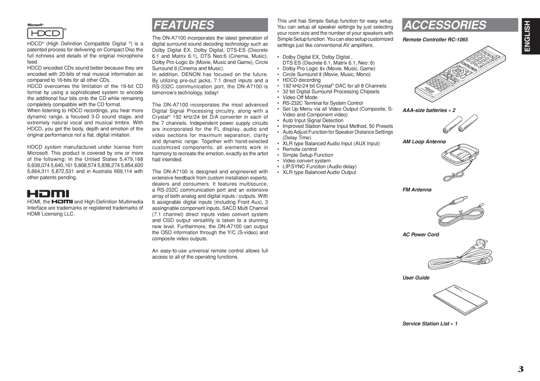 Denon DN-A7100 manual Features, Accessories 