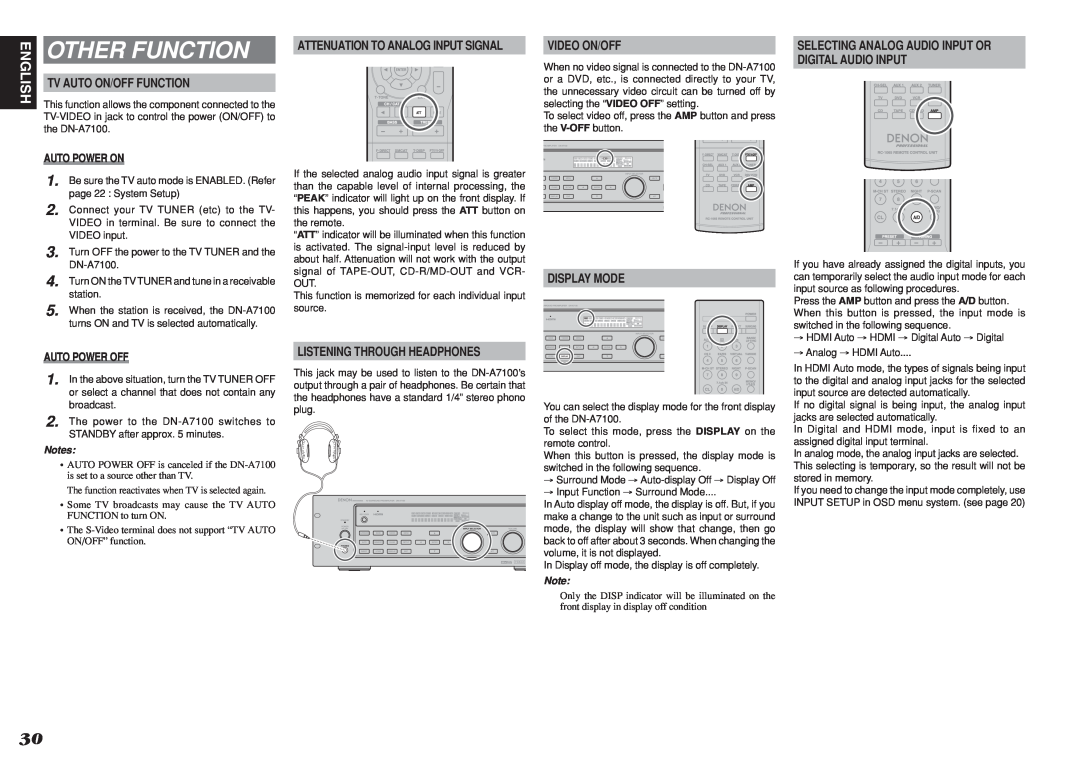 Denon DN-A7100 manual Other Function, English, Auto Power On, Attenuation To Analog Input Signal, Auto Power Off 