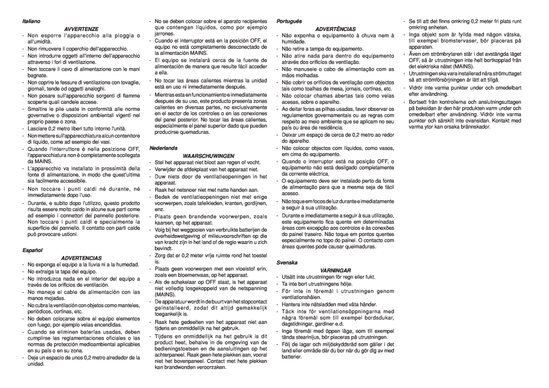 Denon DN-A7100 manual Italiano AVVERTENZE, Español ADVERTENCIAS, Nederlands WAARSCHUWINGEN, Português ADVERTÊNCIAS 