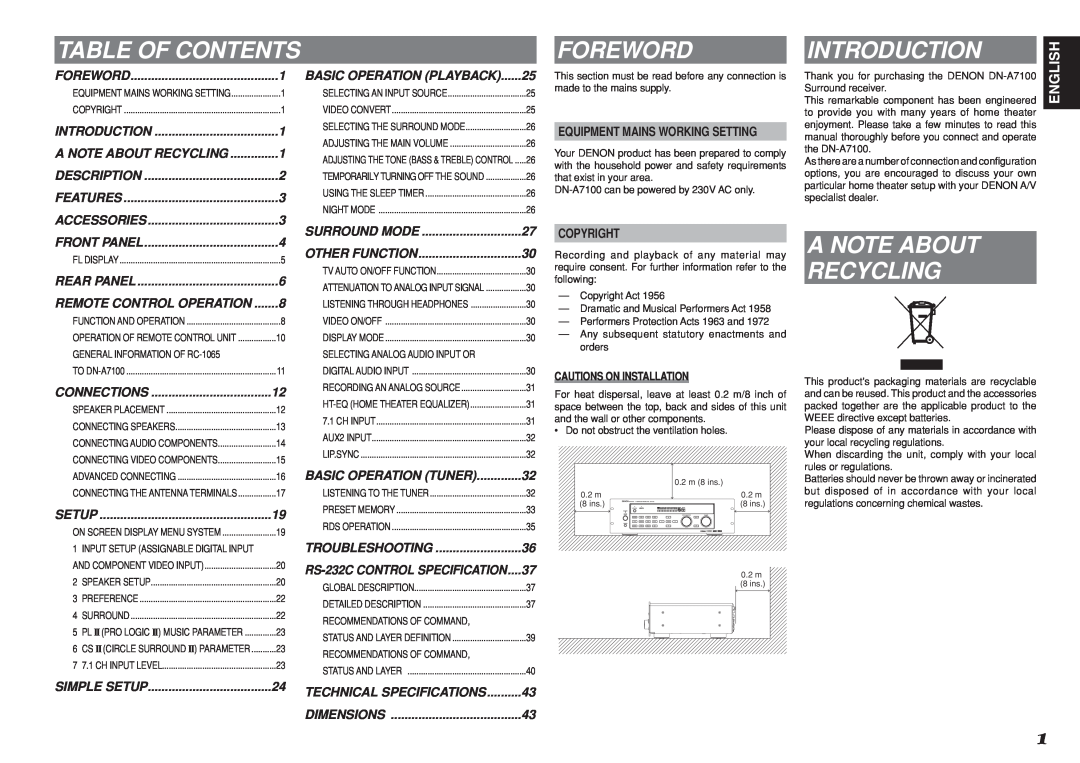 Denon DN-A7100 manual Table Of Contents, Foreword, Introduction, A Note About Recycling, Technical Specifications 
