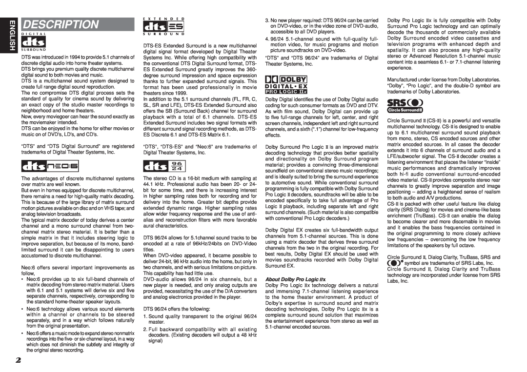 Denon DN-A7100 manual Description, About Dolby Pro Logic 