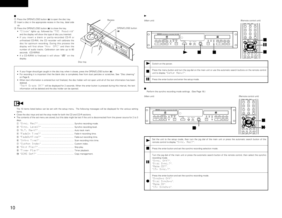 Denon DN-C550R operating instructions Setup Method, 3,4, Setting the Synchro Recording Mode 