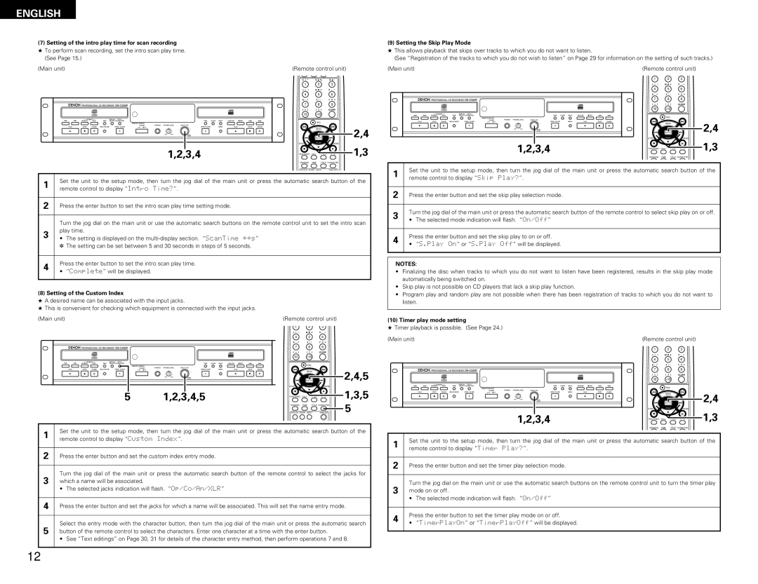 Denon DN-C550R operating instructions 3,4,5, Setting of the Custom Index, Timer play mode setting, Main unit 