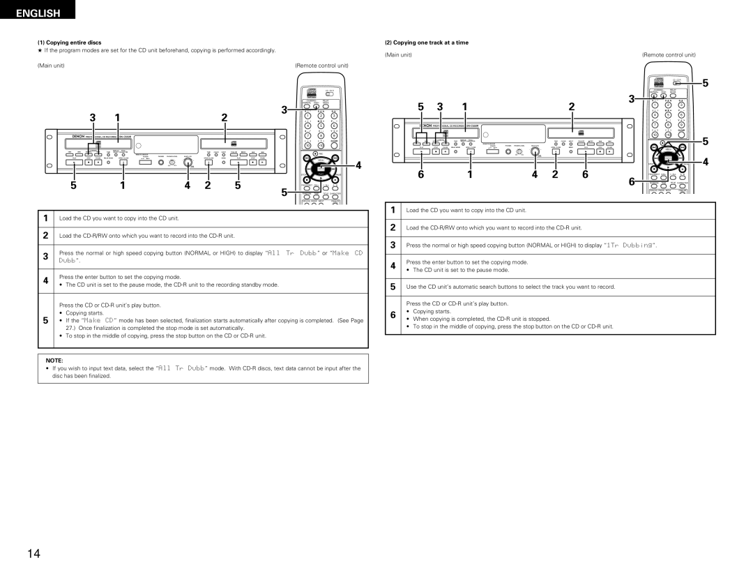 Denon DN-C550R operating instructions Copying entire discs, Copying one track at a time 