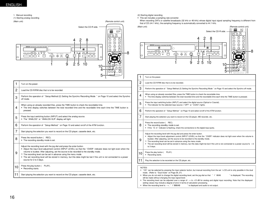 Denon DN-C550R operating instructions Manual recording Starting analog recording, Starting digital recording 