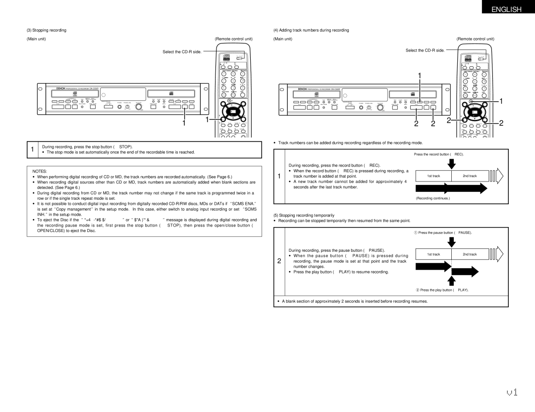 Denon DN-C550R operating instructions Adding track numbers during recording, Stopping recording temporarily 