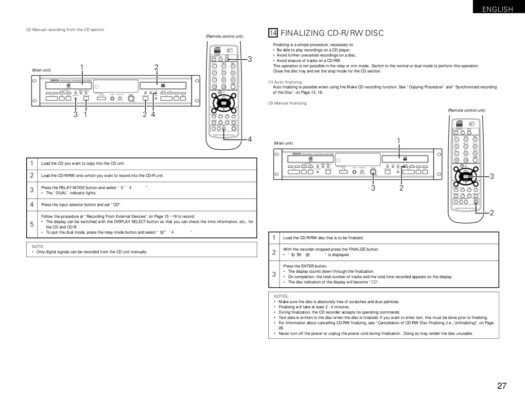 Denon DN-C550R Finalizing CD-R/RW Disc, Manual recording from the CD section, Auto finalizing, Manual finalizing 