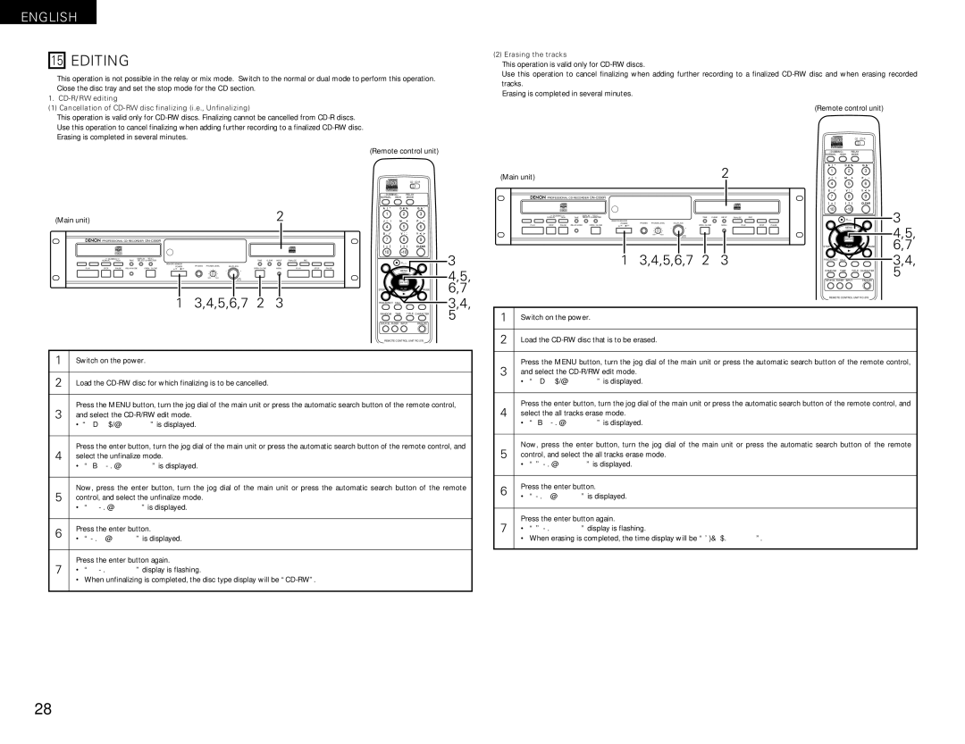 Denon DN-C550R operating instructions Editing, 5,6,7, Erasing the tracks, Load the CD-RW disc that is to be erased 