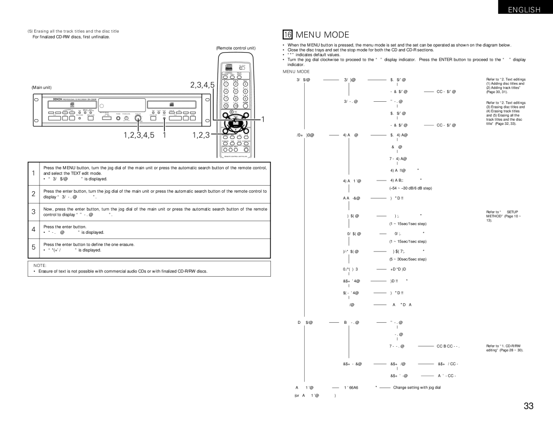 Denon DN-C550R Menu Mode, Erasing all the track titles and the disc title, Press the enter button Erase OK? is displayed 