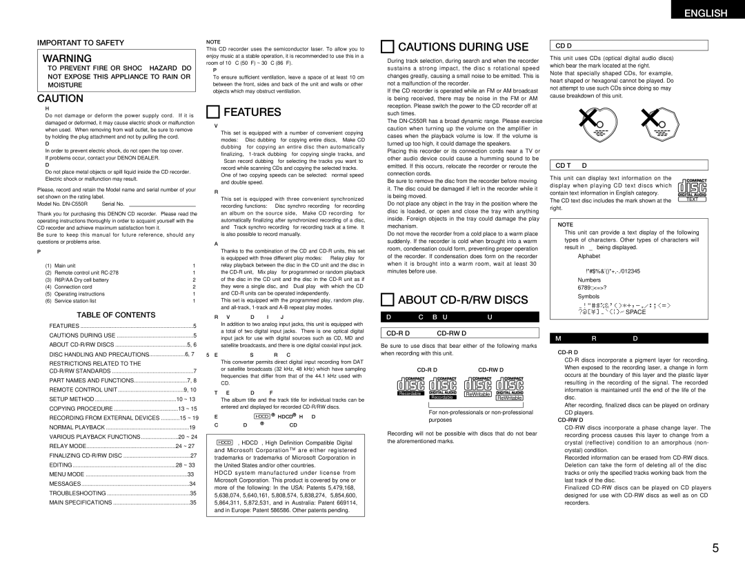 Denon DN-C550R operating instructions Features, About CD-R/RW Discs 