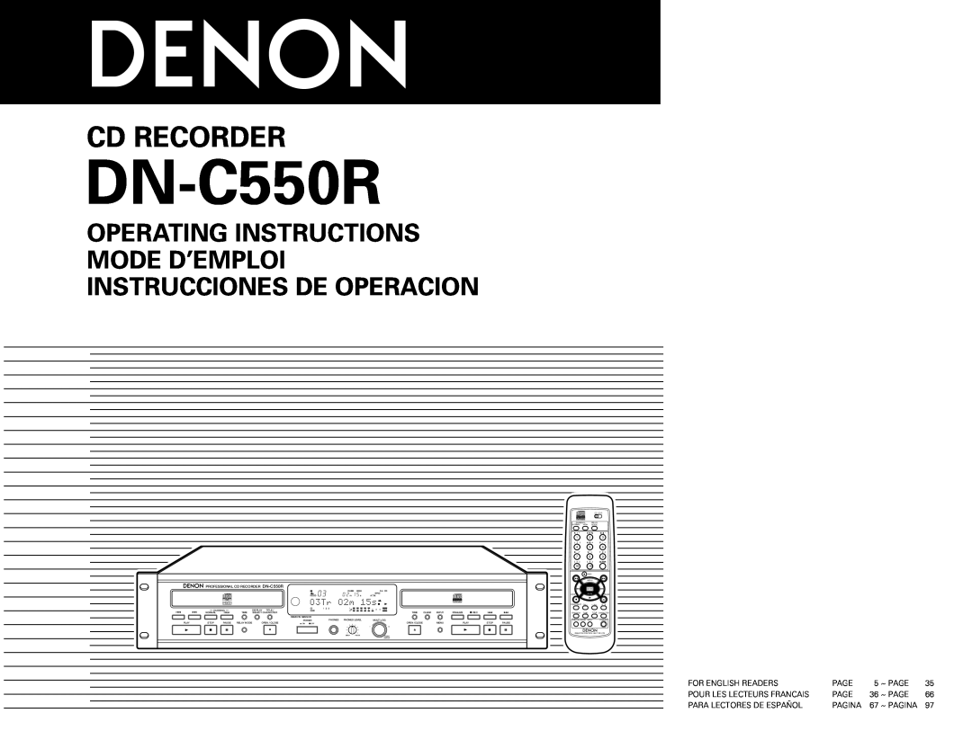 Denon DN-C550R operating instructions Cd Recorder, Operating Instructions Mode D’Emploi, Instrucciones De Operacion 