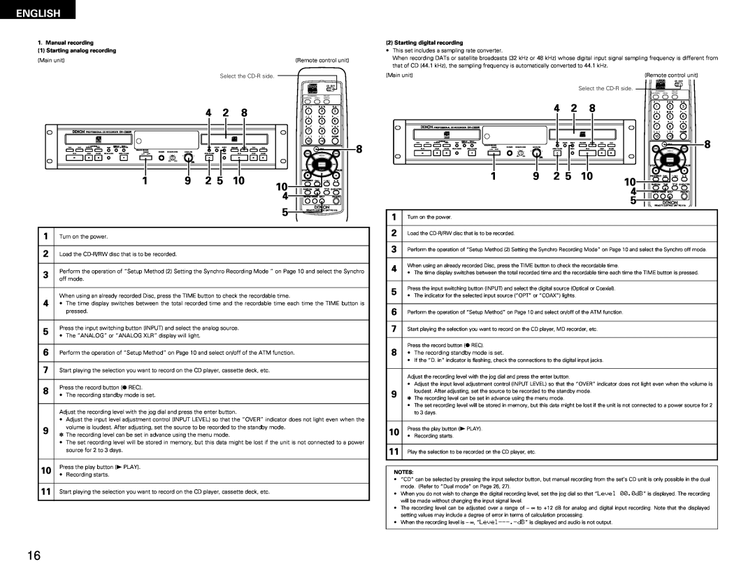 Denon DN-C550R operating instructions Manual recording 1 Starting analog recording, Starting digital recording 