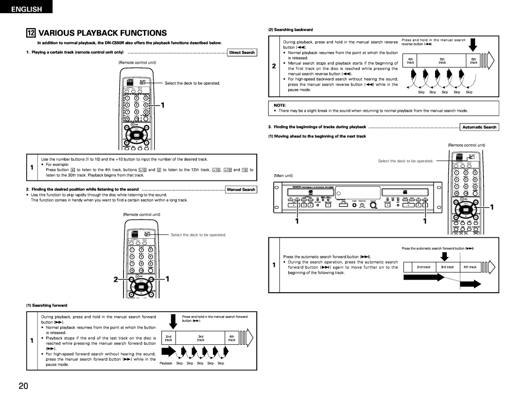 Denon DN-C550R operating instructions 12VARIOUS PLAYBACK FUNCTIONS, English 