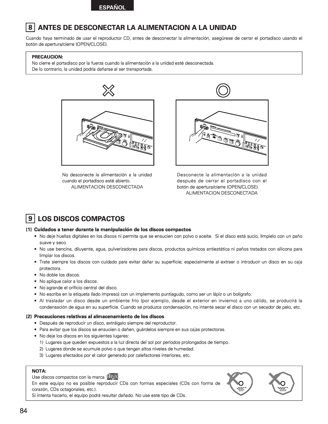 Denon DN-C630 user service 9LOS DISCOS COMPACTOS, Español, Precaucion, Nota 