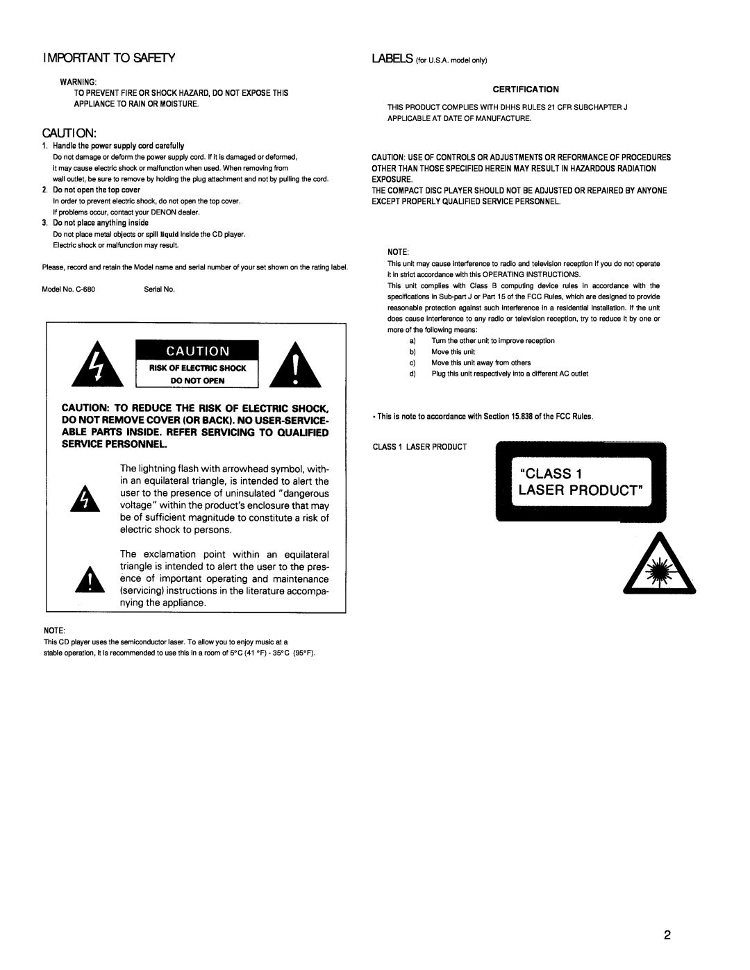 Denon DN-C680 manual Important To Safety 