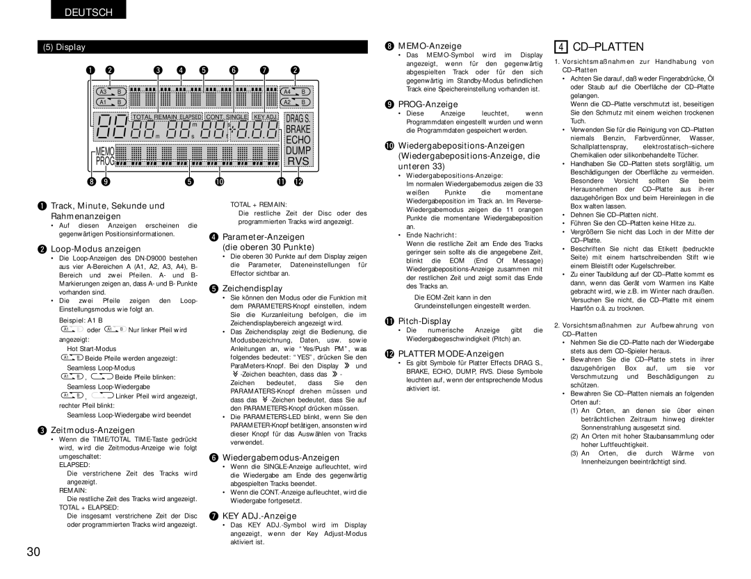 Denon DN-D9000 operating instructions Cd-Platten, Display 