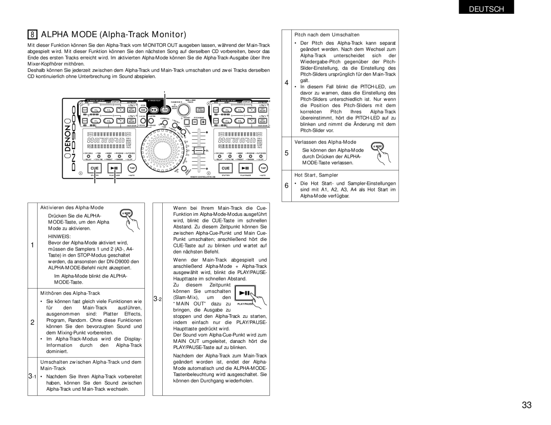 Denon DN-D9000 Pitch nach dem Umschalten, Verlassen des Alpha-Mode, Hot Start, Sampler Aktivieren des Alpha-Mode 